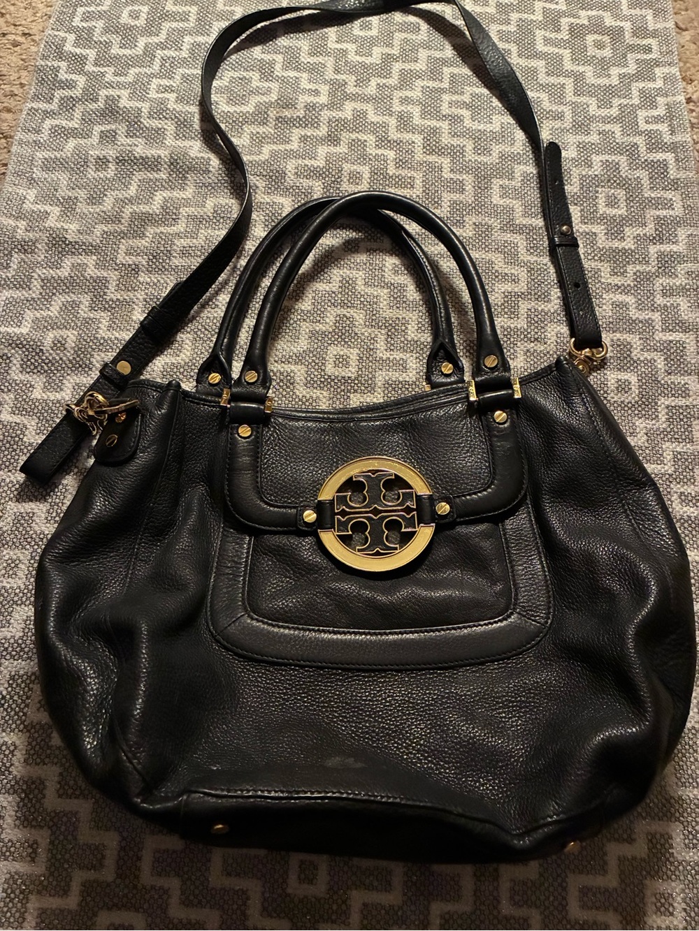 Tory Burch Black Leather Shoulder Bag with Gold Emblem